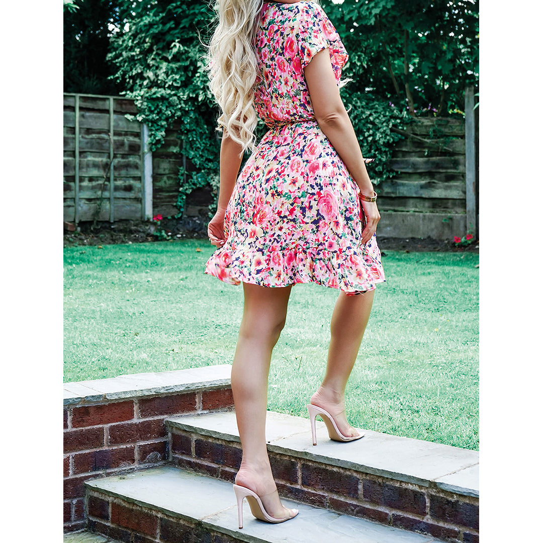Coral Floral Wrap Belted Dress, Image 3 of 3