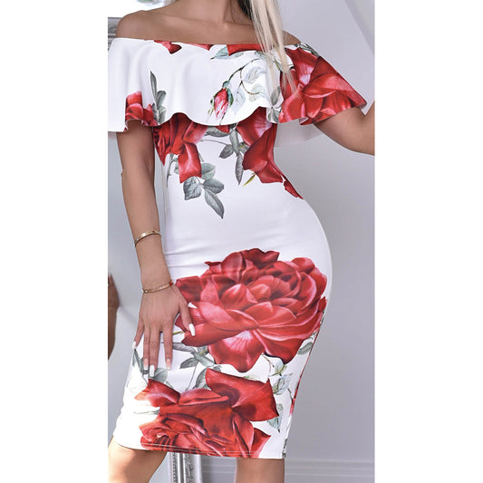 Ivory Floral Frill Overlay Bardot Bodycon Dress, Image 1 of 2