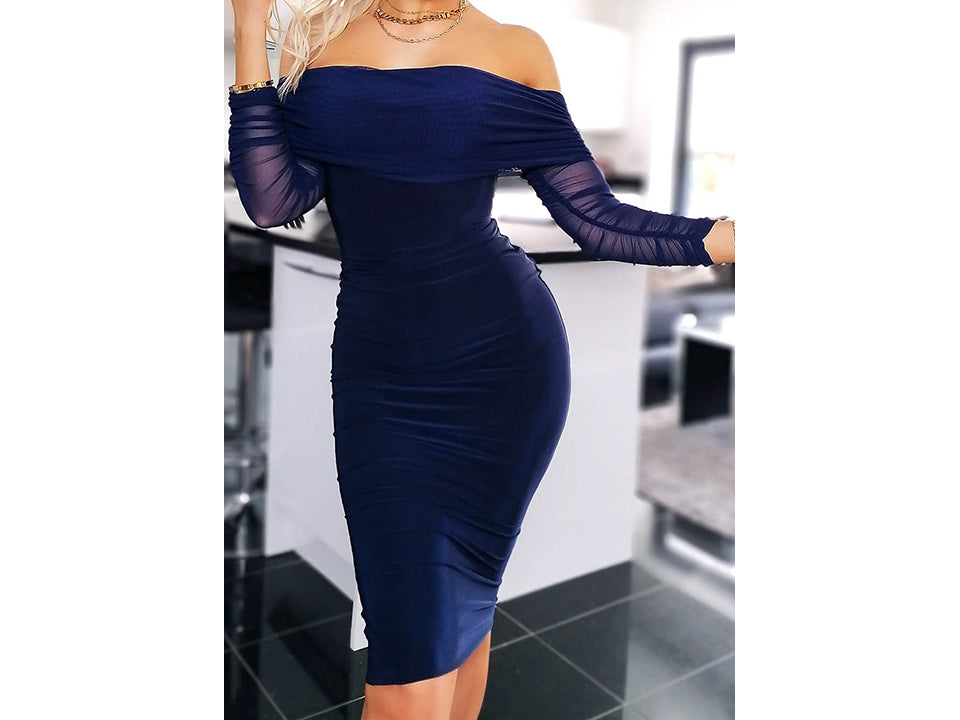 Navy Ruched Mesh Bardot Bodycon Dress Banner Image