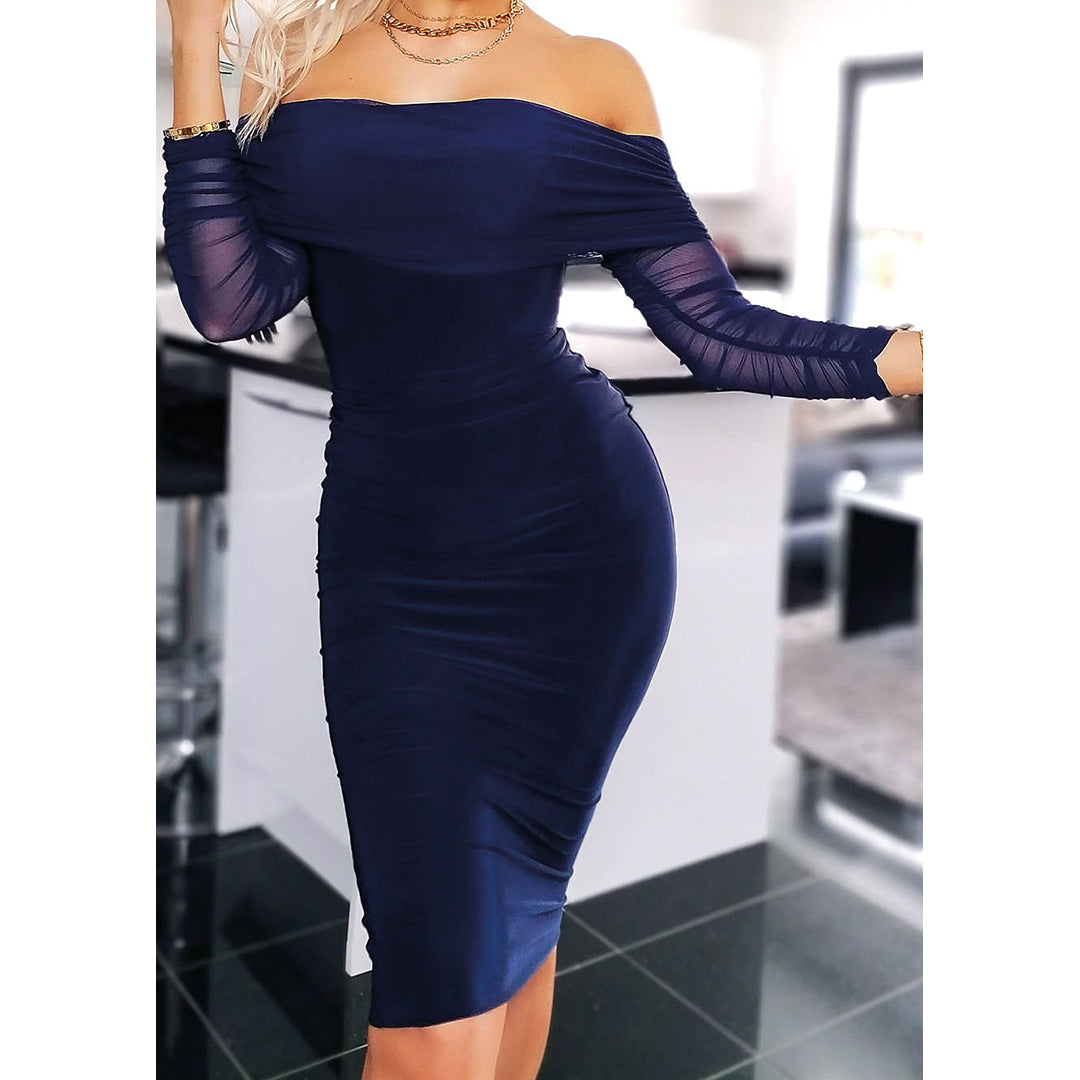Navy Ruched Mesh Bardot Bodycon Dress